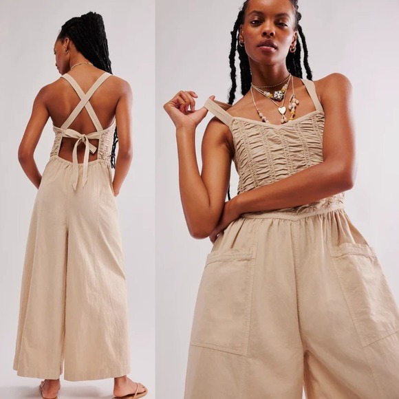 Free People Jumpsuit Womens XL  Forever and Always Ruched One Piece Wide Leg - Picture 2 of 14